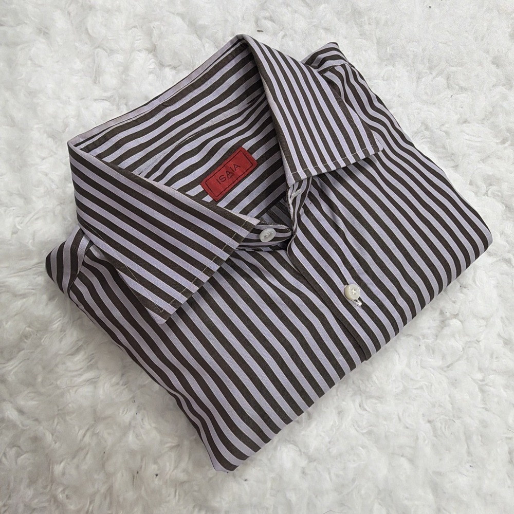 Isaia Shirt Mens 16.5 42 Lavender Stripe Made In Italy Cotton Long Sleeve Dress